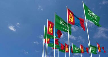 Mongolia and KSA, Kingdom of Saudi Arabia Flags Waving Together in the Sky, Seamless Loop in Wind, Space on Left Side for Design or Information, 3D Rendering video