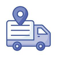 Cargo truck with map pin showing concept icon of cargo location, delivery tracking vector