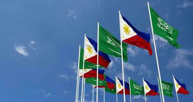 Philippines and KSA, Kingdom of Saudi Arabia Flags Waving Together in the Sky, Seamless Loop in Wind, Space on Left Side for Design or Information, 3D Rendering video