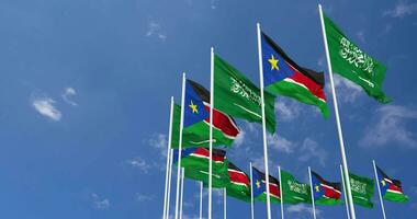 South Sudan and KSA, Kingdom of Saudi Arabia Flags Waving Together in the Sky, Seamless Loop in Wind, Space on Left Side for Design or Information, 3D Rendering video