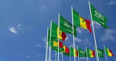 Senegal and KSA, Kingdom of Saudi Arabia Flags Waving Together in the Sky, Seamless Loop in Wind, Space on Left Side for Design or Information, 3D Rendering video