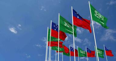 samoa e ksa, reino do saudita arábia bandeiras acenando juntos dentro a céu, desatado ciclo dentro vento, espaço em esquerda lado para Projeto ou Informação, 3d Renderização video