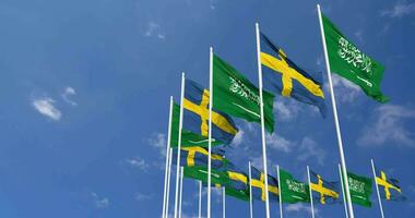 Sweden and KSA, Kingdom of Saudi Arabia Flags Waving Together in the Sky, Seamless Loop in Wind, Space on Left Side for Design or Information, 3D Rendering video