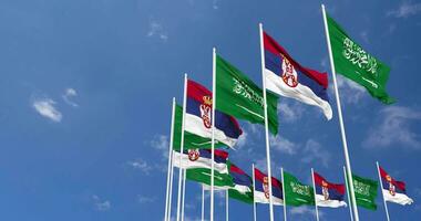 Serbia and KSA, Kingdom of Saudi Arabia Flags Waving Together in the Sky, Seamless Loop in Wind, Space on Left Side for Design or Information, 3D Rendering video