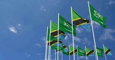 Tanzania and KSA, Kingdom of Saudi Arabia Flags Waving Together in the Sky, Seamless Loop in Wind, Space on Left Side for Design or Information, 3D Rendering video