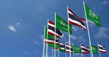 Thailand and KSA, Kingdom of Saudi Arabia Flags Waving Together in the Sky, Seamless Loop in Wind, Space on Left Side for Design or Information, 3D Rendering video