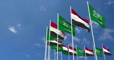 Yemen and KSA, Kingdom of Saudi Arabia Flags Waving Together in the Sky, Seamless Loop in Wind, Space on Left Side for Design or Information, 3D Rendering video