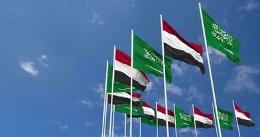 Yemen and KSA, Kingdom of Saudi Arabia Flags Waving Together in the Sky, Seamless Loop in Wind, Space on Left Side for Design or Information, 3D Rendering video