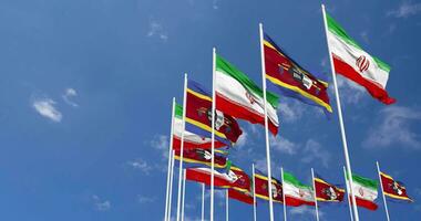 Eswatini and Iran Flags Waving Together in the Sky, Seamless Loop in Wind, Space on Left Side for Design or Information, 3D Rendering video