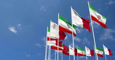 Malta and Iran Flags Waving Together in the Sky, Seamless Loop in Wind, Space on Left Side for Design or Information, 3D Rendering video