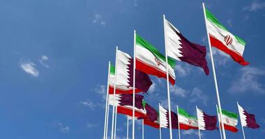 Qatar and Iran Flags Waving Together in the Sky, Seamless Loop in Wind, Space on Left Side for Design or Information, 3D Rendering video