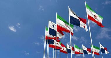 Panama and Iran Flags Waving Together in the Sky, Seamless Loop in Wind, Space on Left Side for Design or Information, 3D Rendering video