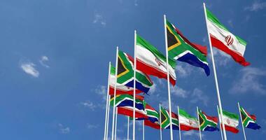 South Africa and Iran Flags Waving Together in the Sky, Seamless Loop in Wind, Space on Left Side for Design or Information, 3D Rendering video