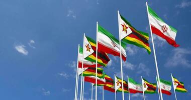 Zimbabwe and Iran Flags Waving Together in the Sky, Seamless Loop in Wind, Space on Left Side for Design or Information, 3D Rendering video