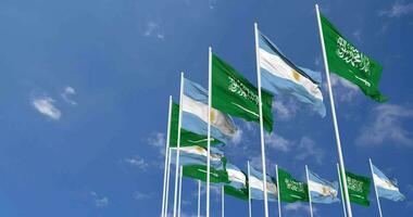 Argentina and KSA, Kingdom of Saudi Arabia Flags Waving Together in the Sky, Seamless Loop in Wind, Space on Left Side for Design or Information, 3D Rendering video