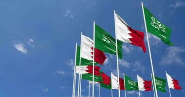 Bahrain and KSA, Kingdom of Saudi Arabia Flags Waving Together in the Sky, Seamless Loop in Wind, Space on Left Side for Design or Information, 3D Rendering video