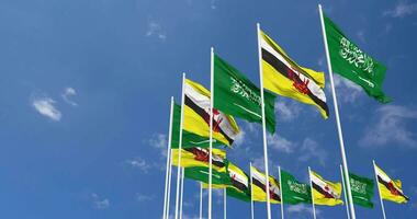Brunei and KSA, Kingdom of Saudi Arabia Flags Waving Together in the Sky, Seamless Loop in Wind, Space on Left Side for Design or Information, 3D Rendering video