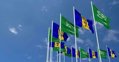 Barbados and KSA, Kingdom of Saudi Arabia Flags Waving Together in the Sky, Seamless Loop in Wind, Space on Left Side for Design or Information, 3D Rendering video