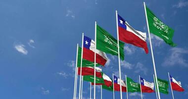 Chile and KSA, Kingdom of Saudi Arabia Flags Waving Together in the Sky, Seamless Loop in Wind, Space on Left Side for Design or Information, 3D Rendering video