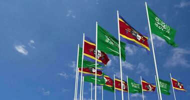 Eswatini and KSA, Kingdom of Saudi Arabia Flags Waving Together in the Sky, Seamless Loop in Wind, Space on Left Side for Design or Information, 3D Rendering video