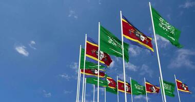 Eswatini and KSA, Kingdom of Saudi Arabia Flags Waving Together in the Sky, Seamless Loop in Wind, Space on Left Side for Design or Information, 3D Rendering video