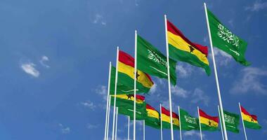 Ghana and KSA, Kingdom of Saudi Arabia Flags Waving Together in the Sky, Seamless Loop in Wind, Space on Left Side for Design or Information, 3D Rendering video