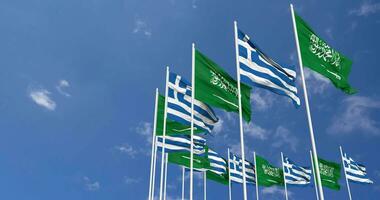 Greece and KSA, Kingdom of Saudi Arabia Flags Waving Together in the Sky, Seamless Loop in Wind, Space on Left Side for Design or Information, 3D Rendering video