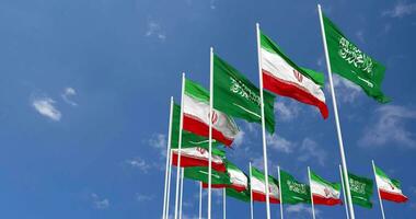 Iran and KSA, Kingdom of Saudi Arabia Flags Waving Together in the Sky, Seamless Loop in Wind, Space on Left Side for Design or Information, 3D Rendering video