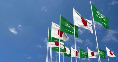 Japan and KSA, Kingdom of Saudi Arabia Flags Waving Together in the Sky, Seamless Loop in Wind, Space on Left Side for Design or Information, 3D Rendering video