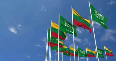 Lithuania and KSA, Kingdom of Saudi Arabia Flags Waving Together in the Sky, Seamless Loop in Wind, Space on Left Side for Design or Information, 3D Rendering video