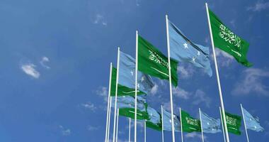 föderiert Zustände von Mikronesien und ksa, Königreich von Saudi Arabien Flaggen winken zusammen im das Himmel, nahtlos Schleife im Wind, Raum auf links Seite zum Design oder Information, 3d Rendern video