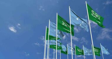 Federated States of Micronesia and KSA, Kingdom of Saudi Arabia Flags Waving Together in the Sky, Seamless Loop in Wind, Space on Left Side for Design or Information, 3D Rendering video