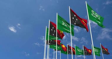 Papua New Guinea and KSA, Kingdom of Saudi Arabia Flags Waving Together in the Sky, Seamless Loop in Wind, Space on Left Side for Design or Information, 3D Rendering video