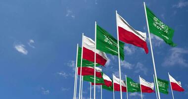 Poland and KSA, Kingdom of Saudi Arabia Flags Waving Together in the Sky, Seamless Loop in Wind, Space on Left Side for Design or Information, 3D Rendering video