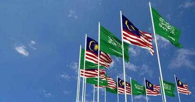 Malaysia and KSA, Kingdom of Saudi Arabia Flags Waving Together in the Sky, Seamless Loop in Wind, Space on Left Side for Design or Information, 3D Rendering video