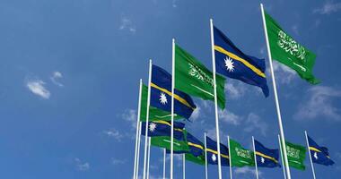Nauru and KSA, Kingdom of Saudi Arabia Flags Waving Together in the Sky, Seamless Loop in Wind, Space on Left Side for Design or Information, 3D Rendering video