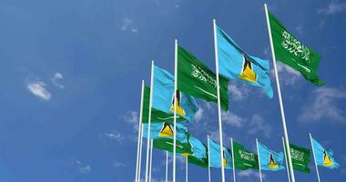 Saint lucia et ksa, Royaume de saoudien Saoudite drapeaux agitant ensemble dans le ciel, sans couture boucle dans vent, espace sur la gauche côté pour conception ou information, 3d le rendu video