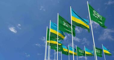 Rwanda and KSA, Kingdom of Saudi Arabia Flags Waving Together in the Sky, Seamless Loop in Wind, Space on Left Side for Design or Information, 3D Rendering video