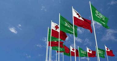 tonga y ksa, Reino de saudi arabia banderas ondulación juntos en el cielo, sin costura lazo en viento, espacio en izquierda lado para diseño o información, 3d representación video