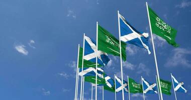 Scotland and KSA, Kingdom of Saudi Arabia Flags Waving Together in the Sky, Seamless Loop in Wind, Space on Left Side for Design or Information, 3D Rendering video