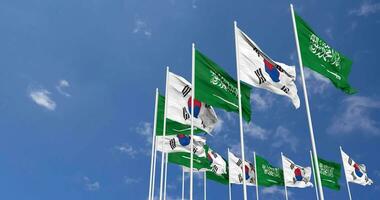 South Korea and KSA, Kingdom of Saudi Arabia Flags Waving Together in the Sky, Seamless Loop in Wind, Space on Left Side for Design or Information, 3D Rendering video