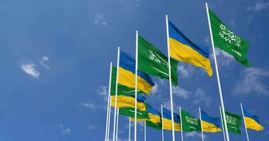 Ukraine and KSA, Kingdom of Saudi Arabia Flags Waving Together in the Sky, Seamless Loop in Wind, Space on Left Side for Design or Information, 3D Rendering video