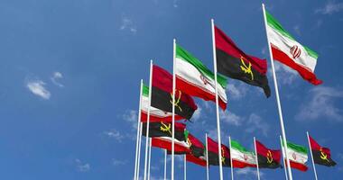 Angola and Iran Flags Waving Together in the Sky, Seamless Loop in Wind, Space on Left Side for Design or Information, 3D Rendering video