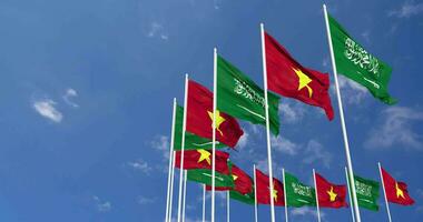 Vietnam and KSA, Kingdom of Saudi Arabia Flags Waving Together in the Sky, Seamless Loop in Wind, Space on Left Side for Design or Information, 3D Rendering video