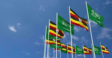 Uganda and KSA, Kingdom of Saudi Arabia Flags Waving Together in the Sky, Seamless Loop in Wind, Space on Left Side for Design or Information, 3D Rendering video