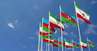 Azerbaijan and Iran Flags Waving Together in the Sky, Seamless Loop in Wind, Space on Left Side for Design or Information, 3D Rendering video