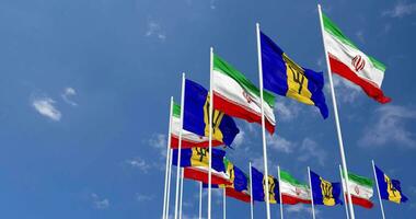 Barbados and Iran Flags Waving Together in the Sky, Seamless Loop in Wind, Space on Left Side for Design or Information, 3D Rendering video