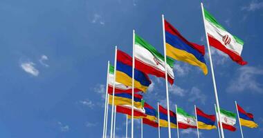 Armenia and Iran Flags Waving Together in the Sky, Seamless Loop in Wind, Space on Left Side for Design or Information, 3D Rendering video