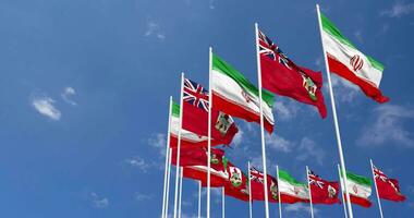 Bermuda and Iran Flags Waving Together in the Sky, Seamless Loop in Wind, Space on Left Side for Design or Information, 3D Rendering video