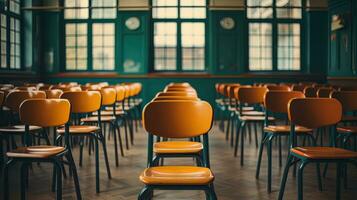 ai generado vacío salón de clases con sillas. foto